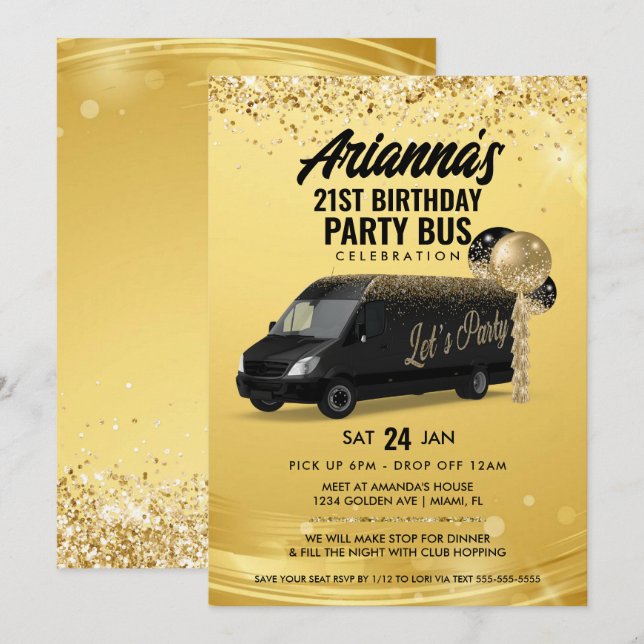 Invitation Bus de fête Noir et Or (Devant / Derrière)