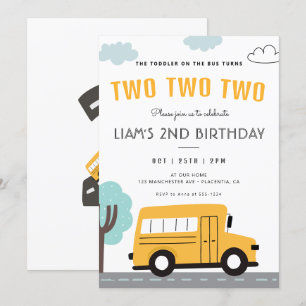 Invitation Bus scolaire Deuxième anniversaire Roues à la fête