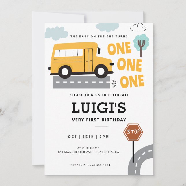 Invitation Bus scolaire PREMIER anniversaire Roues sur la fêt (Devant)