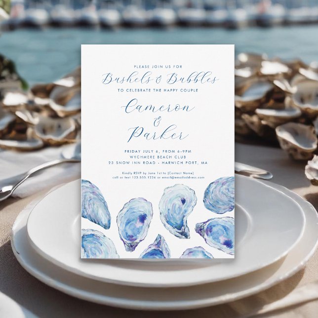 Invitation Bushels et bulles Oyster Blue Aquarelle (Bushels and Bubbles Oyster Roast Invitation with blue watercolor oyster shells from Concertina Press)