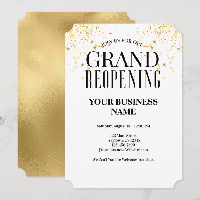 Invitation Business Grand Réouverture Faux Gold Confetti Star (Devant / Derrière)