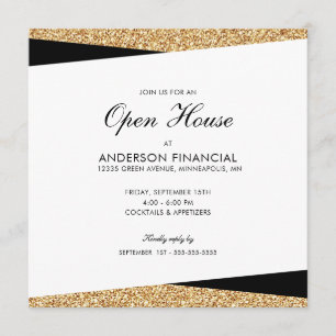 Invitation Business Open House Parties scintillant noir et or