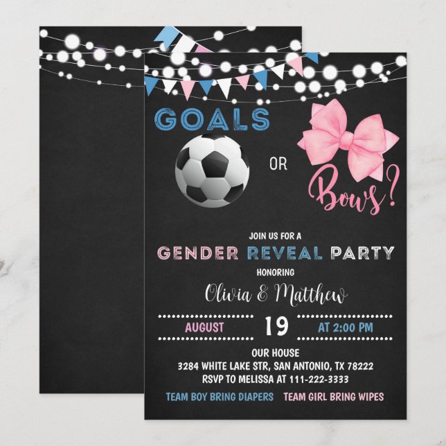Invitation Buts ou Bows, Soccer Genre Revevela Party (Devant / Derrière)