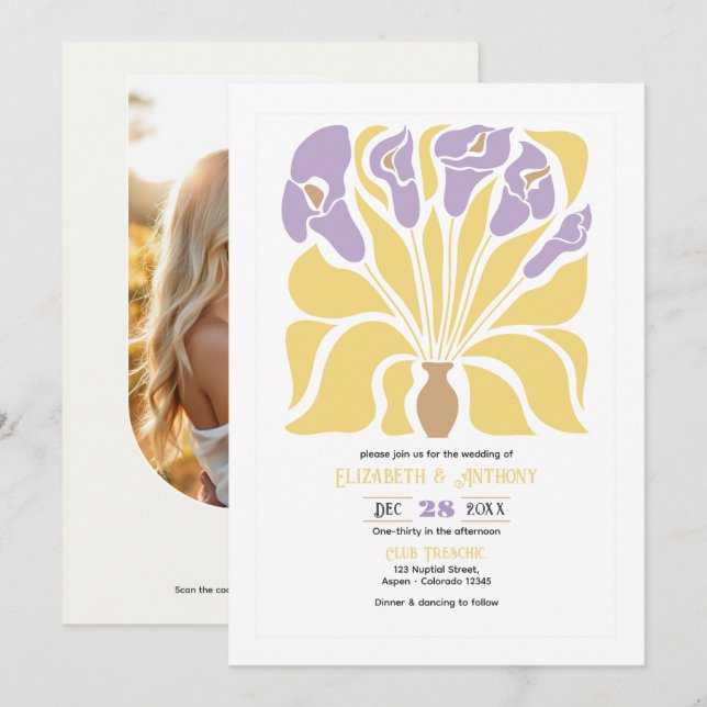 Invitation Butter & Wisteria Abstract Floral Boho Wedding (Devant / Derrière)