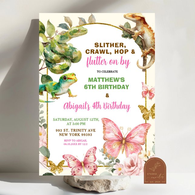 Invitation Butterflies and Reptiles Joint Sibling Birthday  (Créateur téléchargé)