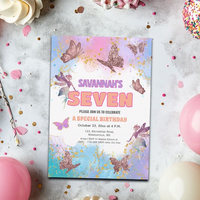 Invitation Butterflies Fairy Gold Glitter 7th Birthday Party (Créateur téléchargé)