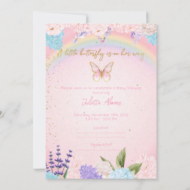 Invitation Butterflies Rainbow Flowers pink gold (Devant)