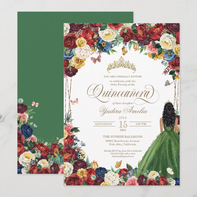 Invitation Butterfly Garden Green Gown Royal Red Quinceanera (Devant / Derrière)