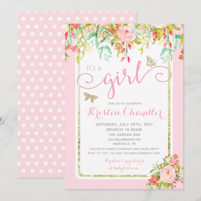 Invitation Butterfly Girl Jardin Floral Polkadot Baby shower (Devant / Derrière)