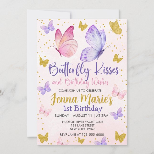 INVITATION BUTTERFLY KISSES ROSE & PURPLE 1ER ANNIVERSAIRE (Devant)