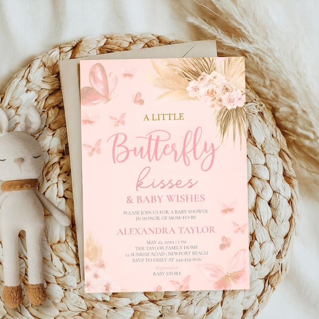 Invitation Butterfly Kisses & Wishes Pink Floral Baby Shower (Créateur téléchargé)