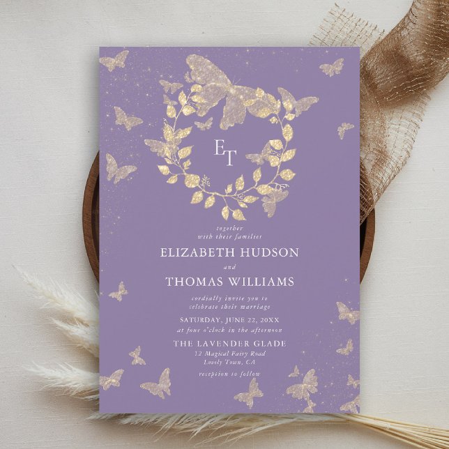Invitation Butterfly Lavender Gold Monograms Wreath Wedding (butterfly wedding invitation lavender purple gold eucalyptus elegant modern classic romantic)