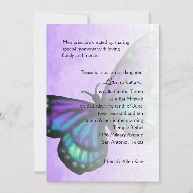 Invitation Butterfly Ombre violet bat mitzvah (Devant)