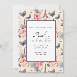 Invitation Butterfly Tour Eiffel et Motif Rose Anniversaire
