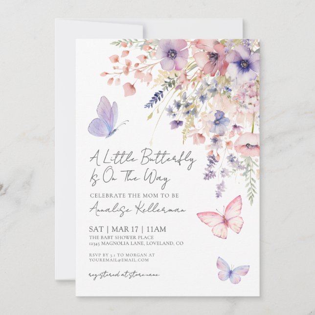 Invitation Butterfly Wildflower Baby Shower (Devant)