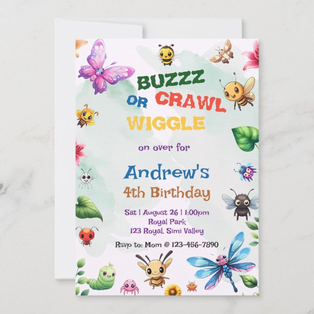 Invitation Buzz Crawl wiggle Bug Party Nature Thème Anniversa (Devant)