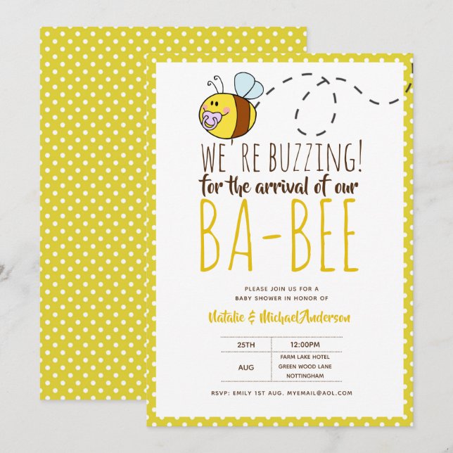 Invitation BUZZING Pour l'ARRIVÉE de BA BEE Baby shower Jaune (Devant / Derrière)