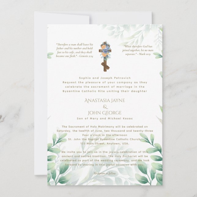 Invitation BYZANTINE traditionnelle Croix Mariage de verdure (Devant)
