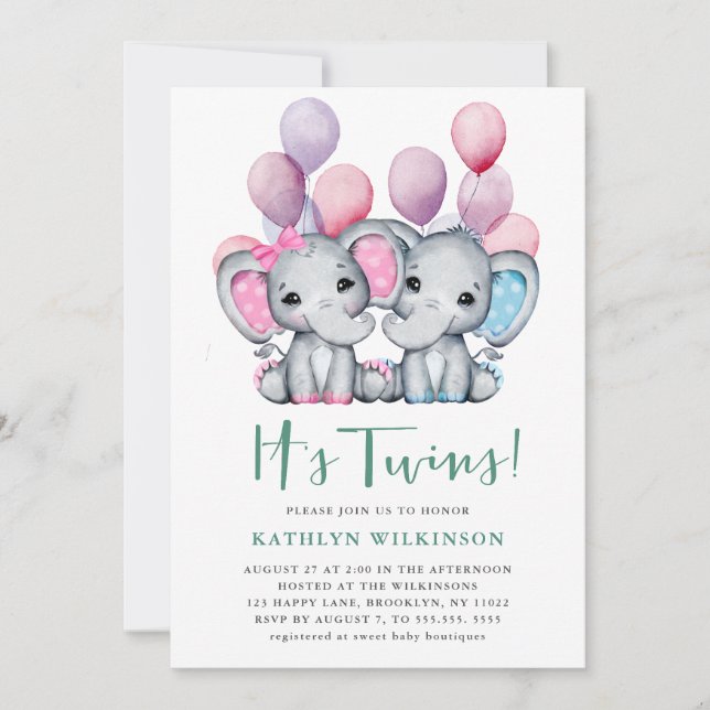 Invitation C’est Twins Boy Girl Elephant Balloon Baby shower (Devant)