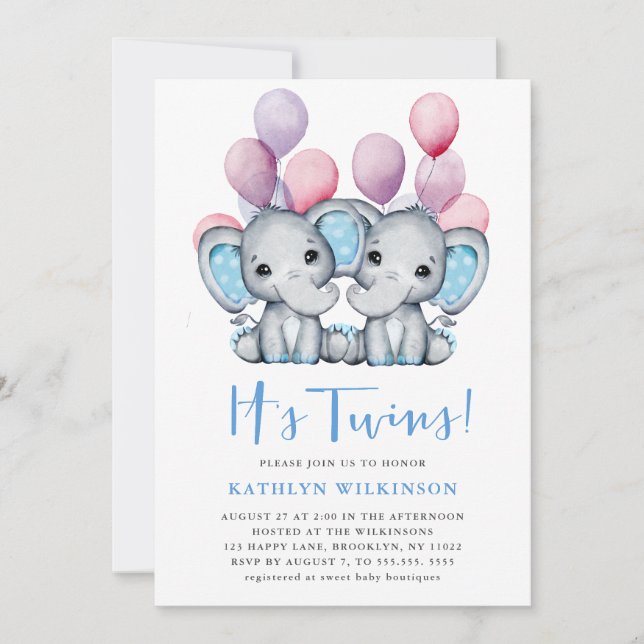 Invitation C’est Twins Elephant Blue Balloon mignon Baby show (Devant)