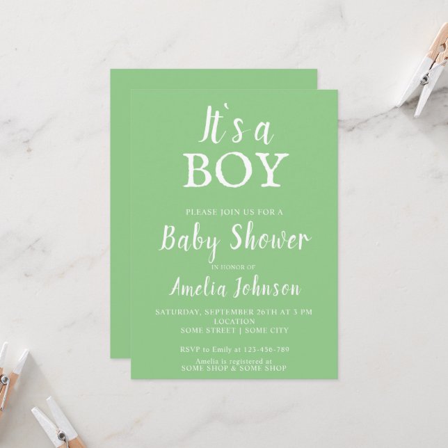 Invitation C`est un Baby shower bébé vert garçon fille (Devant/Arrière en situation)