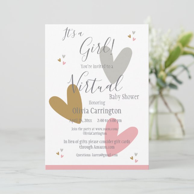 Invitation C’est un Baby shower virtuel rose Coeurs de FILLE (Debout devant)
