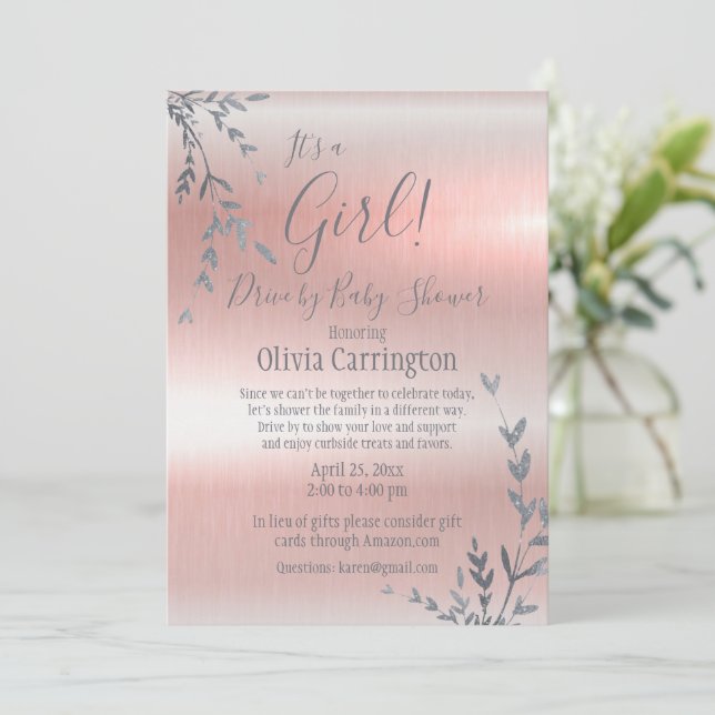 Invitation C’est une GIRL Pink Metallical Drive By Baby showe (Debout devant)