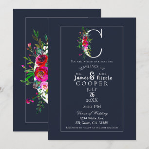 Invitation C Monogramme Dernier initial bleu Floral Mariage