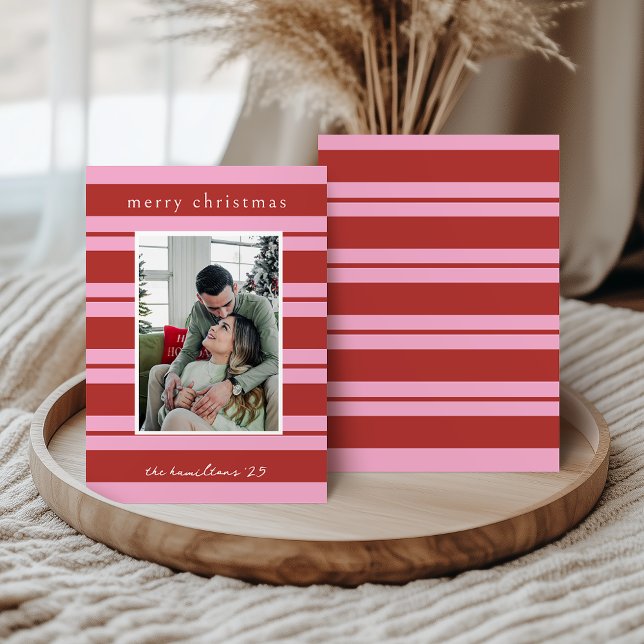 Invitation Cabana Pink and red Stripe Preppy Christmas card (Créateur téléchargé)