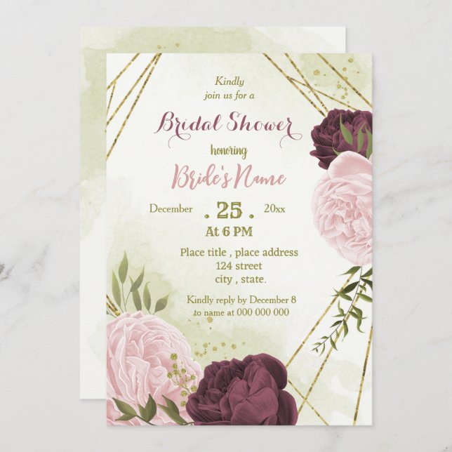 Invitation cabernet rose fleurs vert feuille douche nuptiale (Devant / Derrière)
