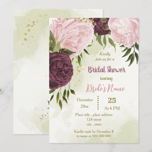 Invitation cabernet rose fleurs vert feuille douche nuptiale (Devant / Derrière)