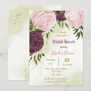 Invitation cabernet rose fleurs vert feuille douche nuptiale
