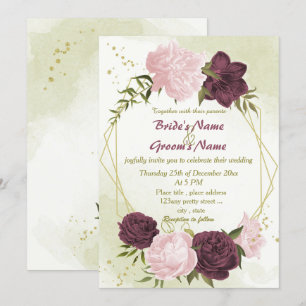 Invitation cabernet rose fleurs vert feuille mariage