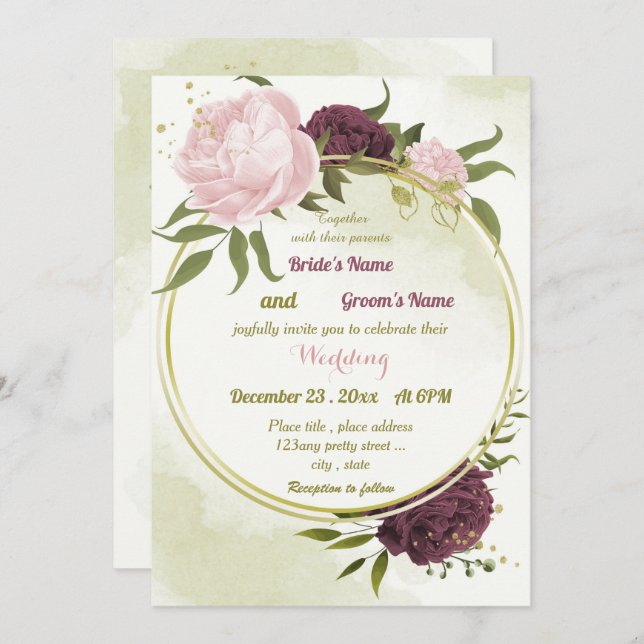 Invitation cabernet rose fleurs vert feuille mariage (Devant / Derrière)