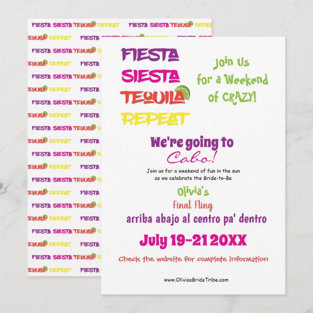 Invitation Cabo Bachelorette : Fiesta, Siesta, Tequila, Répét (Devant / Derrière)