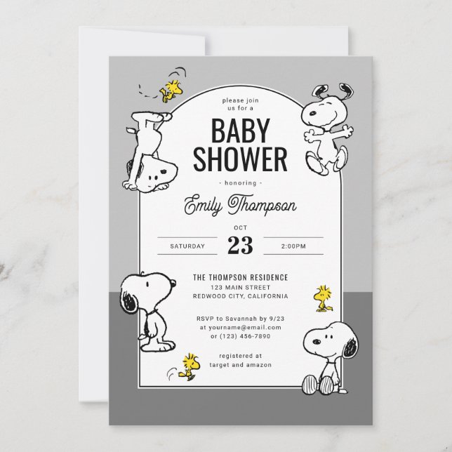 Invitation cacahuètes | Snoopy & Woodstock Baby shower gris (Devant)