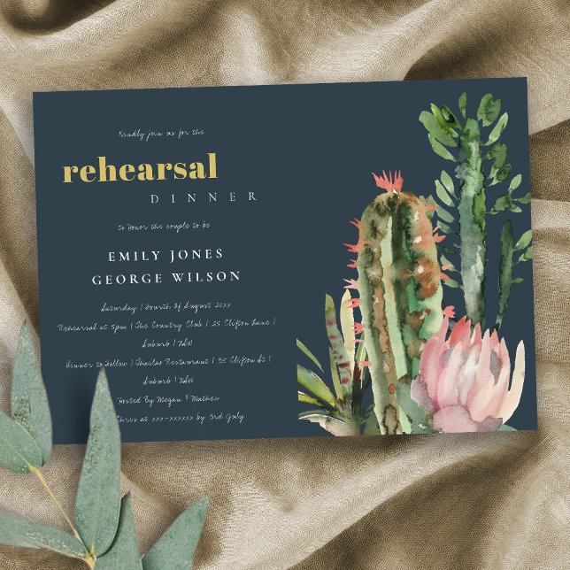 INVITATION CACTI FLORAL ROSE MARINE FOLIAGE RÉPÉTITION DÎNER (Créateur téléchargé)