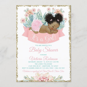 Invitation Cactus Baby shower afro-américain pour filles