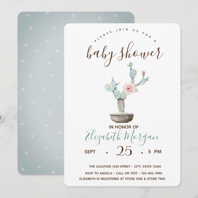Invitation Cactus Baby shower Pois succulent (Devant / Derrière)