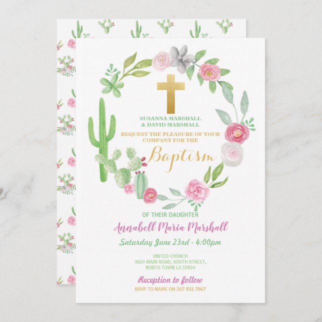 Invitation Cactus Baptême Vert Christening Cactus Rose (Devant / Derrière)