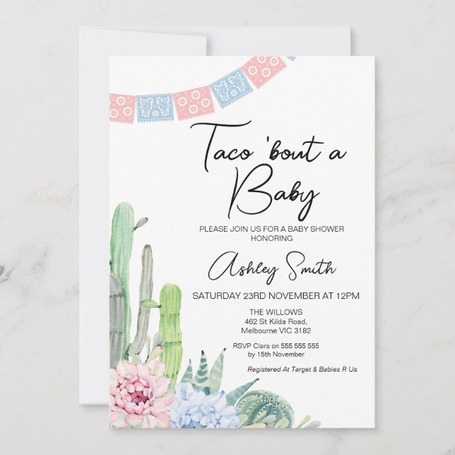 Invitation Cactus bleu rose Taco à un Baby shower bébé (Devant)