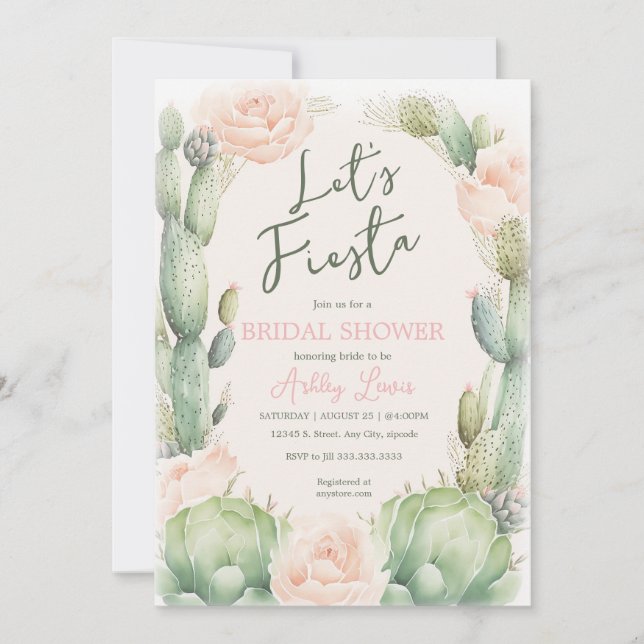 Invitation Cactus Blush Boho Fête des mariées florale du dése (Devant)