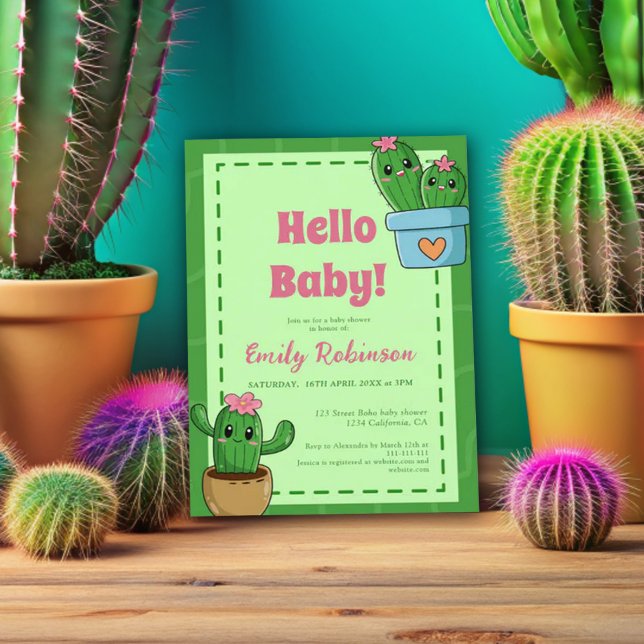 Invitation Cactus Bonjour Baby shower Vert rose Gris (Créateur téléchargé)