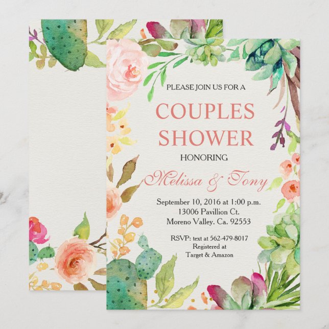 Invitation Cactus Couple Shower (Devant / Derrière)