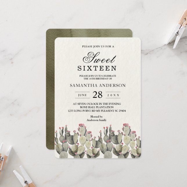 Invitation Cactus d'aquarelle verte moderne (Devant/Arrière en situation)
