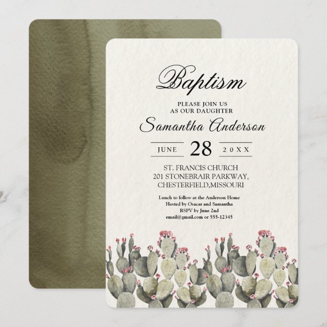 Invitation Cactus d'aquarelle verte moderne (Devant / Derrière)