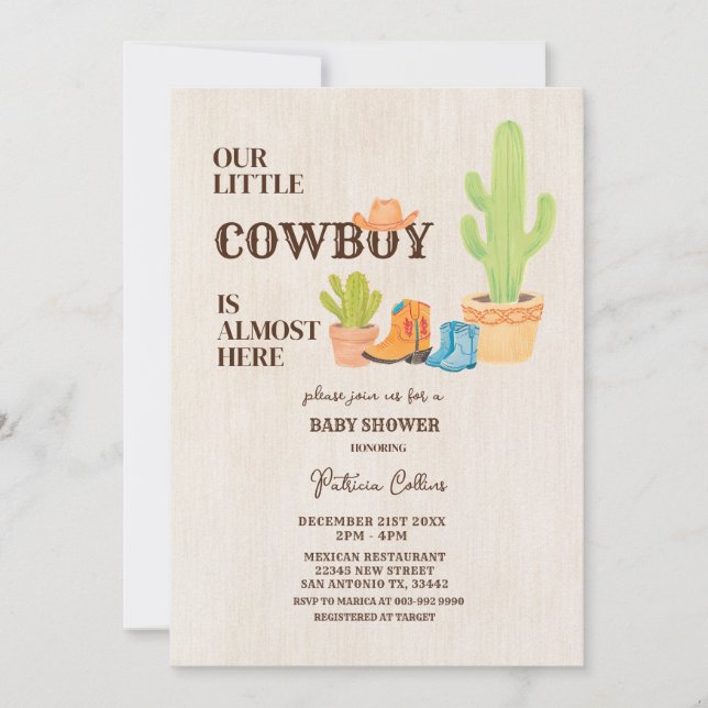 Invitation Cactus Démarre Notre Petit Baby shower Rodéo Cowbo (Devant)