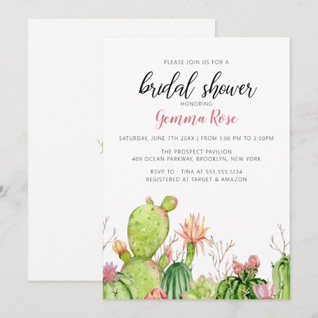 Invitation Cactus, douche nuptiale de fiesta (Devant / Derrière)