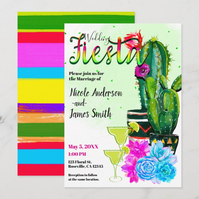 Invitation Cactus et Succulentes à rayures vives FÊTE DE MARI (Devant / Derrière)
