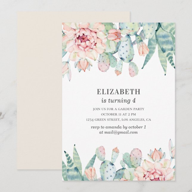 Invitation Cactus floral aquarelle. Bébé fille. Anniversaire  (Devant / Derrière)